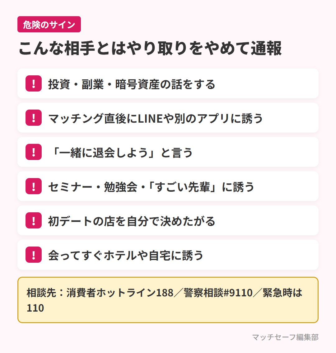 マッチングアプリで危険な相手のサインと相談先