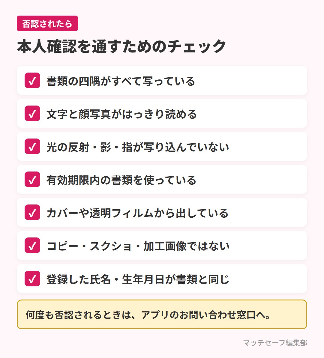 マッチングアプリの本人確認が通らないときのチェックリスト