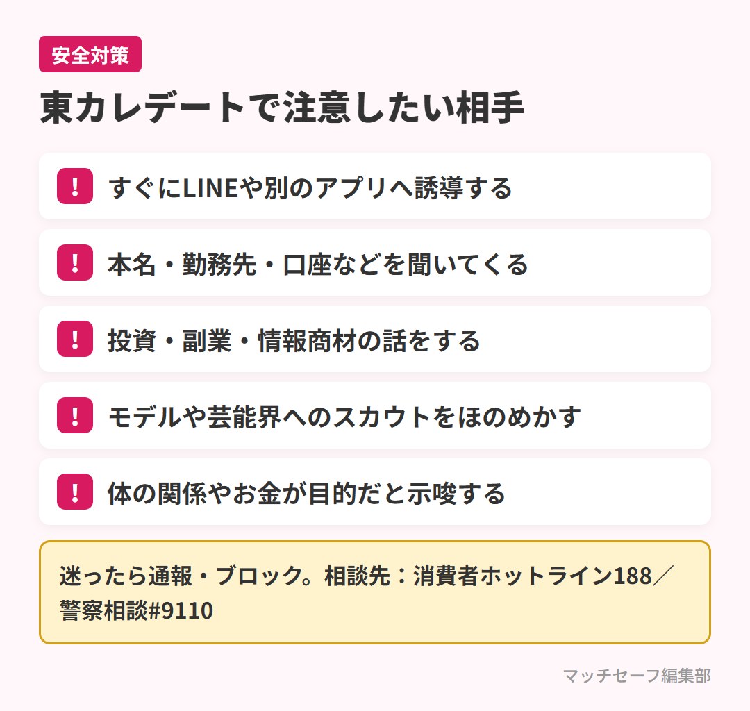 東カレデートの公式ガイドラインをもとにした注意したい相手のチェックリスト