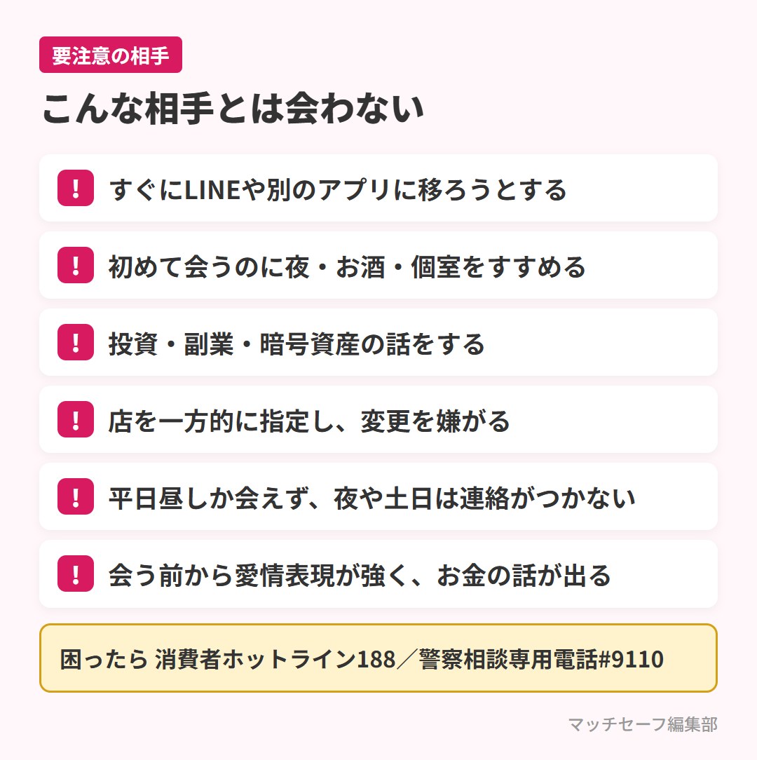 マッチングアプリで女性が会わないほうがいい相手のチェックリスト