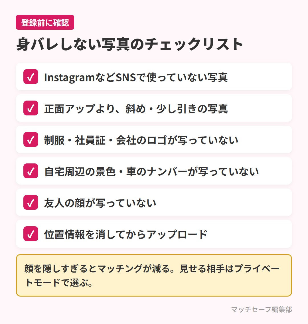 マッチングアプリで身バレしない写真のチェックリスト